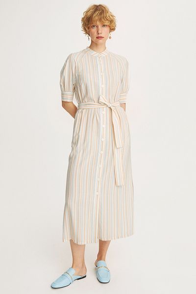 Perspective Clive Comfortable Fit Collar Midi Length Striped Patterned Multicolored Dress