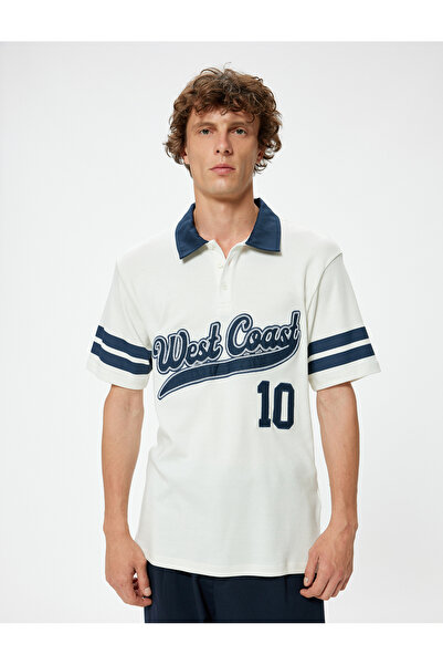 Koton Cotton Oversize Short Sleeve Polo Collar College T-Shirt - Button Detailed