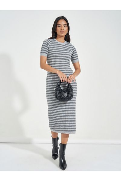 Styli Striped Knit Sweater Midi Dress