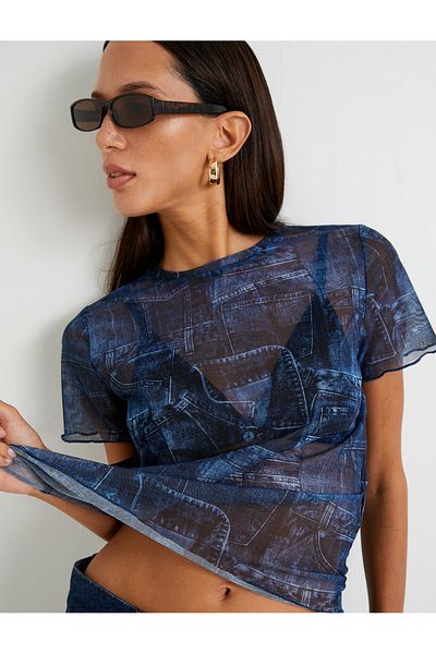Koton Transparentes T-Shirt Jeans-Look Kurzarm Rundhals