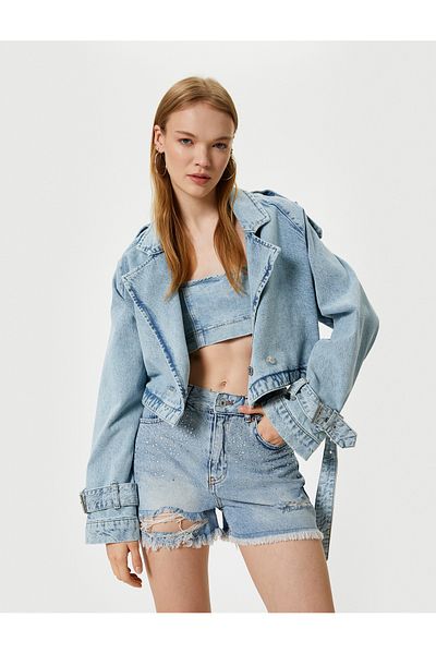 Koton Bequem geschnittene zerrissene Jeansshorts - Steindetaillierter Knopf