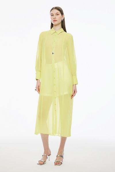 Perspective Blants Regular Fit Long Length Fitted Sleeve Shirt Collar Lemon Color Tunic