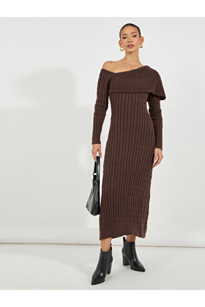 Styli Rib Knit Asymmetric Neck Sweater Midi Dress
