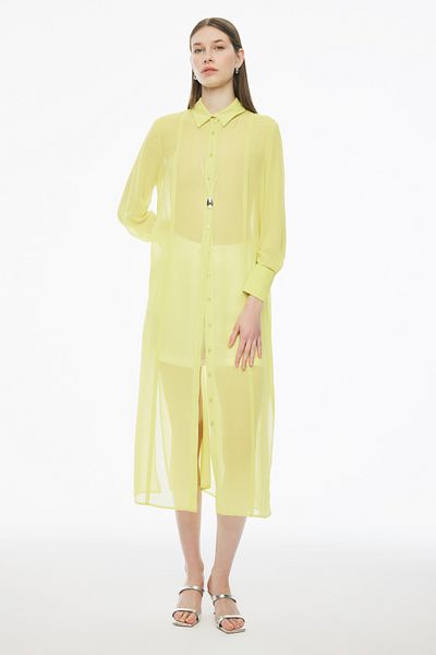 Perspective Blants Regular Fit Long Length Fitted Sleeve Shirt Collar Lemon Color Tunic