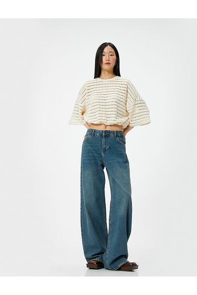 Koton Openwork Crochet Crew Neck Half Sleeve Elastic Waist Sweatshirt