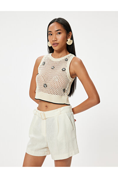 Koton Sleeveless Crop Crochet - Round Neck with Floral Applique