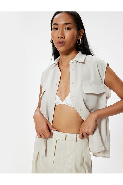 Koton Crepe Fabric Sleeveless Shirt - Covered Pocket Detail