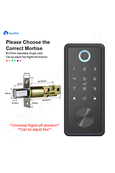 Choice قفل باب إلكتروني أسود من سمارت دير متوافق مع قفل تويا، مزود بقفل مزلاج، وقفل ببصمة الإصبع، ونظام دخول بدون مفتاح.