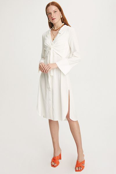 Perspective Cassey Comfortable Shirt Collar Midi Length Ecru Color Dress