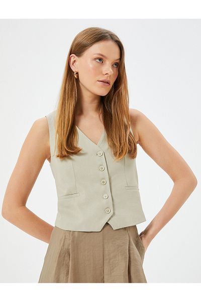 Koton V-Neck Slim Fit Linen Vest - Fleto Pocket Detail