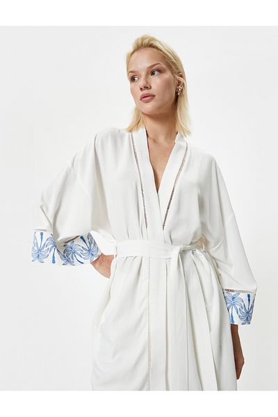 Koton Linen Oversize Kimono - Long, Belt Detailed, Floral Pattern