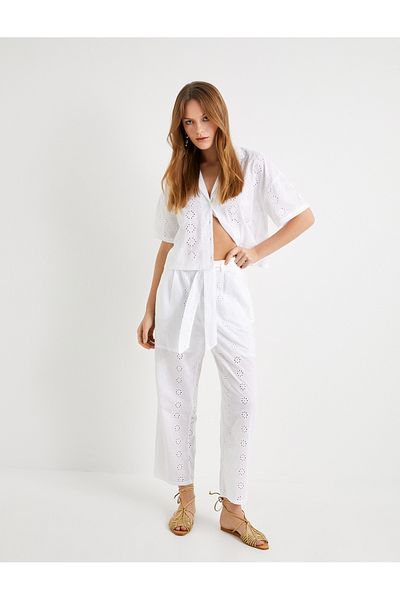 Koton Cotton Scallop Pants - Regular Waist, Belted Straight Leg and Pocket