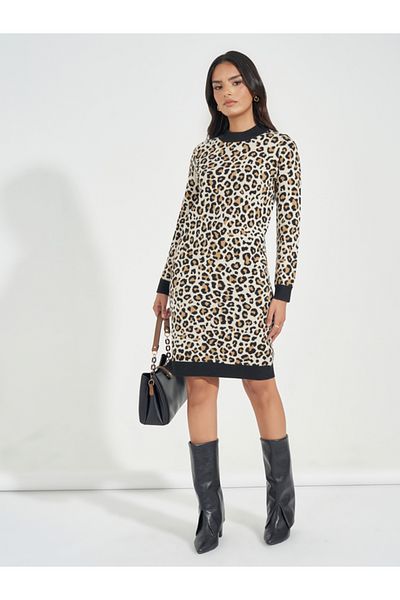 Styli Animal Print Knit Sweater Knee Length Dress