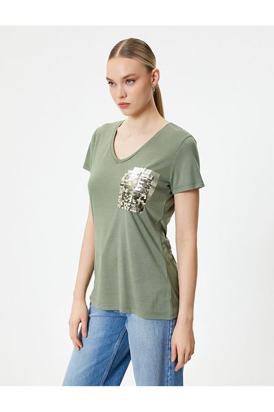 Koton V-Neck T-Shirt Sequined Short Sleeve