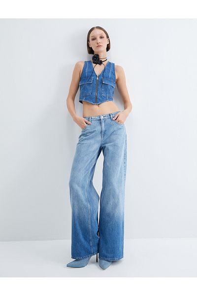 Koton Denim Vest Zippered V-Neck Flap Pocket Detail