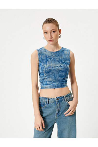 Koton Denim Look Top Crop Gathered Crew Neck