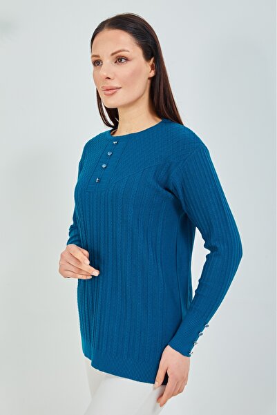 Elçelya Moda Pulover Mamă Albastru Indigo Mercerizat Flexibil Lycra Pulover Bluză Detaliată Nasturi