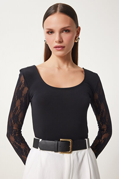 Lovelyİstanbul Bluză tricotată cu nisip - decolteu în U, dantelă, NEGRU, LEN0016
