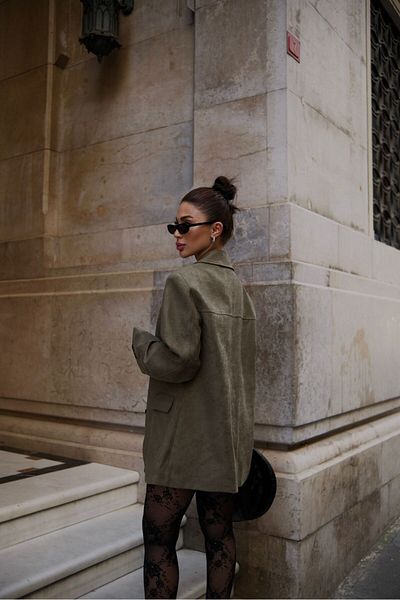 FMN Moda țesătură nubuc piele de căprioară, cu trei nasturi, largi, de lungime medie, detaliu de cusut, jachetă blazer echivalentă marca pinterest