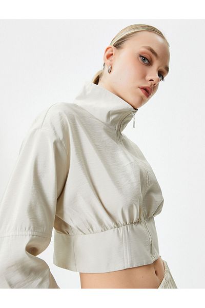 Koton Crop Bomber Jacket Zippered Stand Collar
