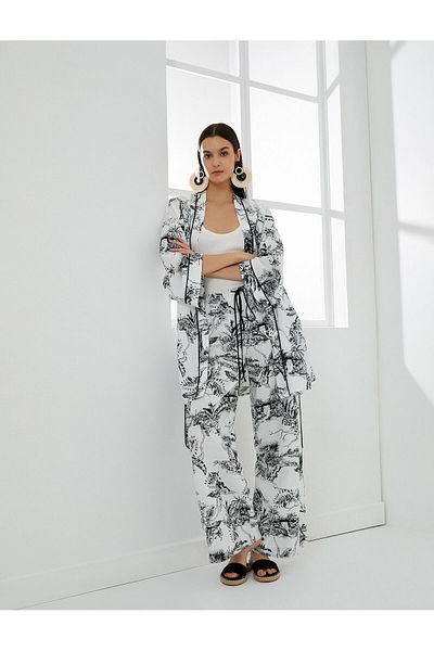 Koton Floral Wide Leg Trousers Tie Waist Viscose Fabric Blended