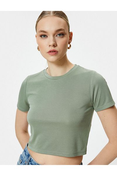 Koton Tricou crop cu mânecă scurtă, cu decolteu în amestec modal