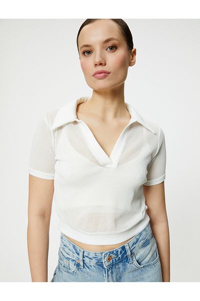Koton Crop Mesh T-Shirt Polo λαιμόκοψη κοντό μανίκι