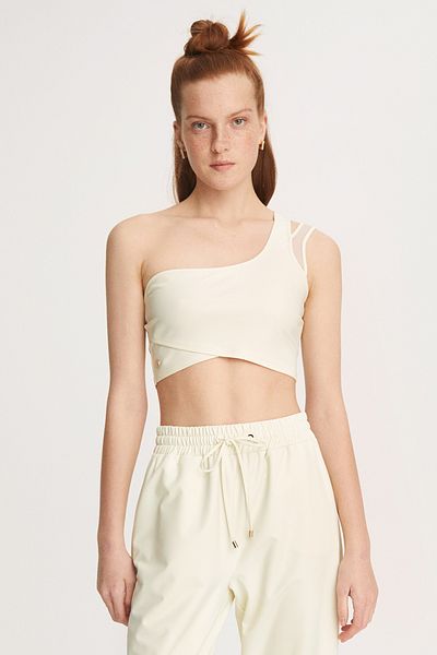 Perspective Lara Slim Fit One Shoulder Ecru Color Women's Crop Blouse