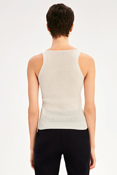 Perspective İllas Slim Fit V-Collar Strap Short Ecru Color Women's Knitwear Blouse