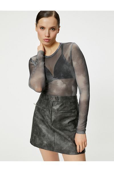 Koton Transparent T-Shirt Long Sleeve Patterned Crew Neck
