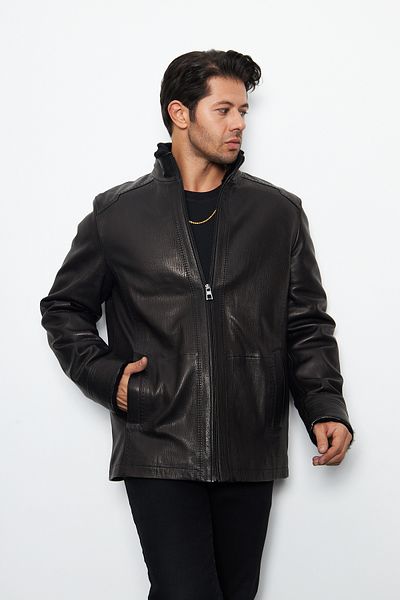 By Marki Marki Men's Black Leather Coat - Genuine Leather, Fur Inside, Fur Lining, Zipper Design