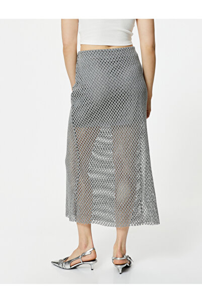 Koton Ajurlu Kroşe Midi Etek Metalik Simli Normal Bel