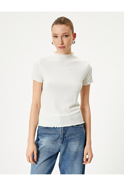 Koton Viskózové tričko s krátkým rukávem - stojáček a žebrovaný volán