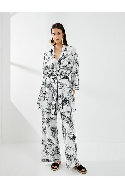 Koton Blumen-Kimono-Gürtel, weite Ärmel, Paspelierung