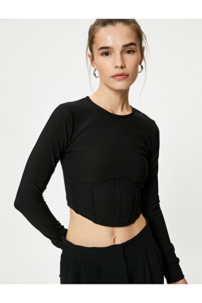 Koton Tricou Crop Detaliat Corset Mânecă Lungă și Decolteu Crew Neck