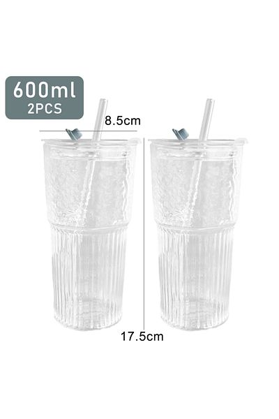 Choice 600ml 2pcs 2pcs 600ml Stripe Glass Cup With Lid And Straw Transparent Drinking Glasses For Juice Wat