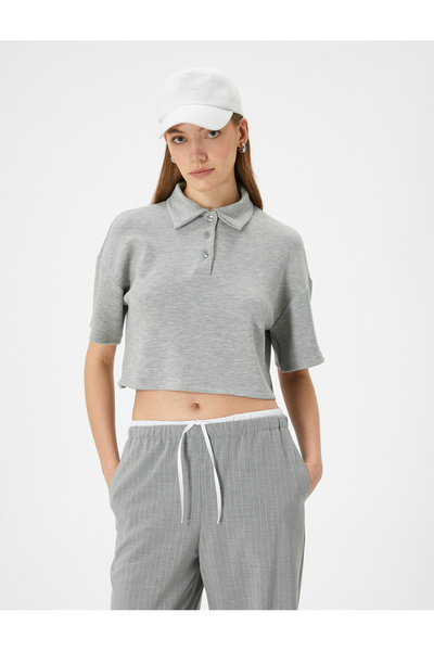 Koton Polo-Ausschnitt T-Shirt Crop Kurzarm geknöpft Viskose-Mischgewebe