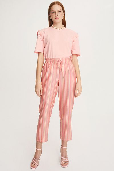 Perspective Naomi Regular Fit Ankle Length Striped Patterned Mid Waist Pink Color Women's Trousers