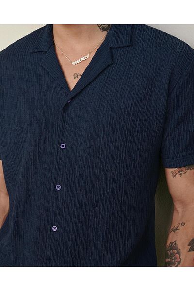 CANMODA Indigo Premium Slim Fit Shirt - Short Sleeve, Seersucker (1757)
