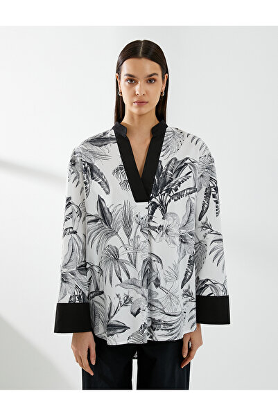 Koton Tunică cu decolteu in V cu mânecă lungă model exotic