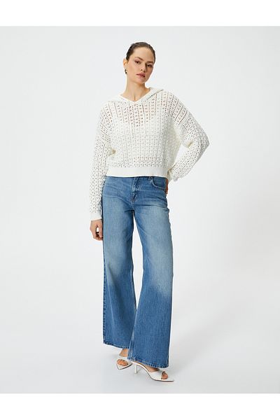 Koton Crop Openwork Sweater Hooded Long Sleeve