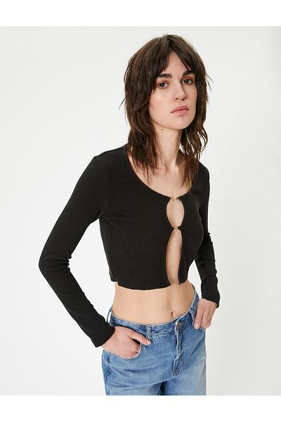 Koton Crop Cardigan Crew Neck with Metal Accessories