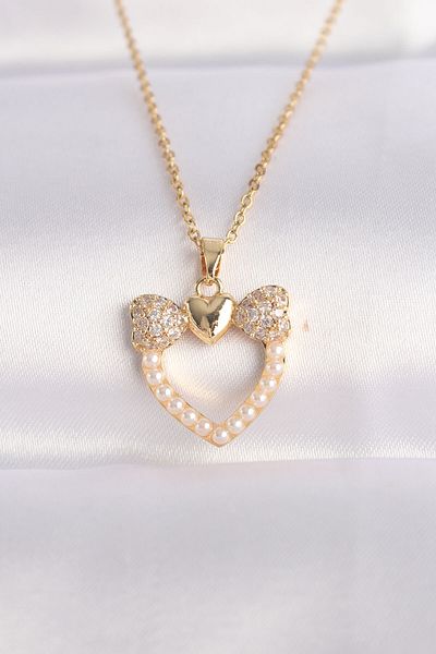 Clariss 316L Steel Chain Gold Color Pearl Stone Detail Zircon Stone Heart Necklace