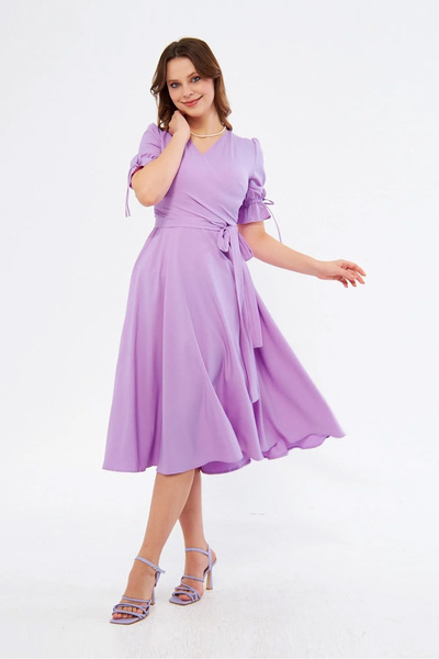 RURIS Kadın Lila Kısa Kollu Kruvaze Yaka Kuşaklı Midi Boy Abiye Mezuniyet Elb...