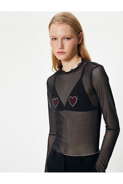 Koton Transparent T-Shirt Heart Stone Embroidered Long Sleeve Ruffles