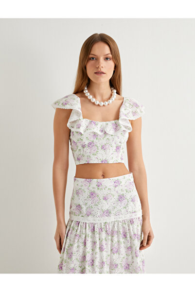 Koton Crop Hřebenatka Květinový Top Nabíraná Bavlna