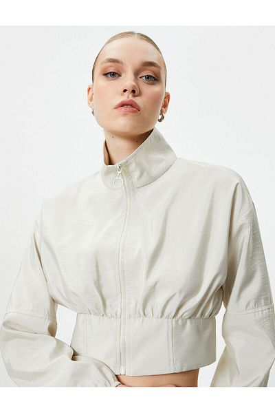 Koton Crop Bomber Jacket Zippered Stand Collar