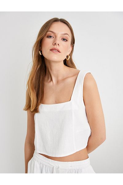 Koton Kurzes Tanktop aus Musselin mit dicken Trägern – quadratischer Kragen, Baumwolle