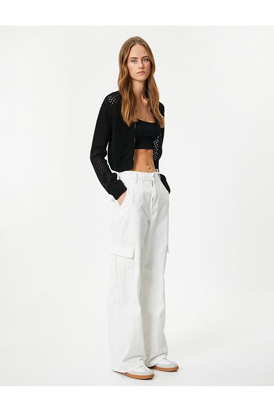 Koton Crop Knitwear Cardigan Openwork Zippered Cotton Blended