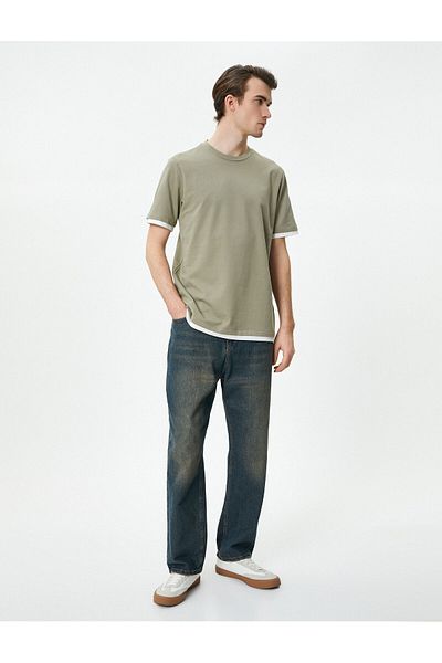 Koton T-Shirt με λαιμόκοψη, υφασμάτινο, λεπτομερές κοντό μανίκι, βαμβακερό